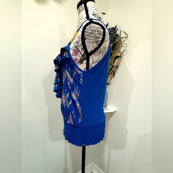 Solar USA Blue& Gold trim Ruffled Front Women's Top w Elastic Waist Large - Picture 5 of 7